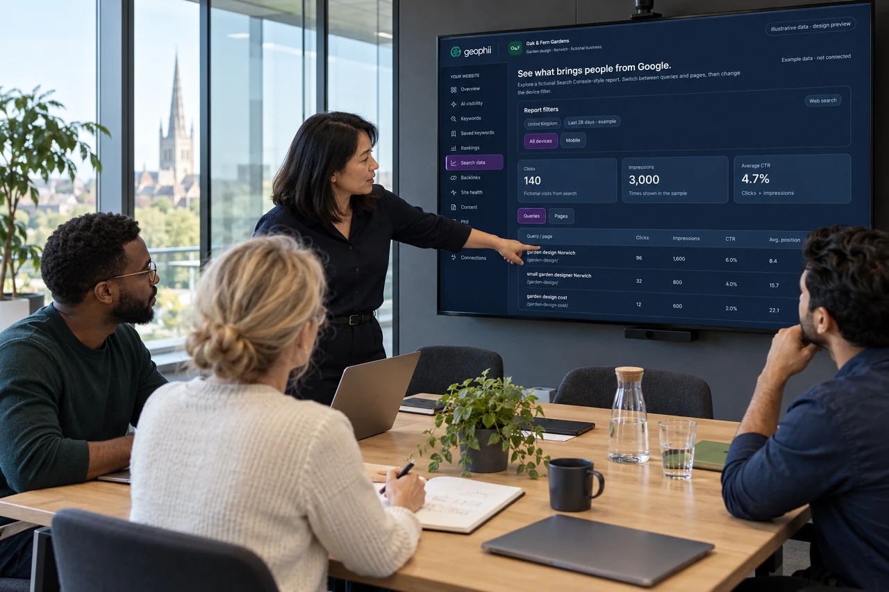 An illustrative agency team reviewing website evidence on a shared Geophii display.