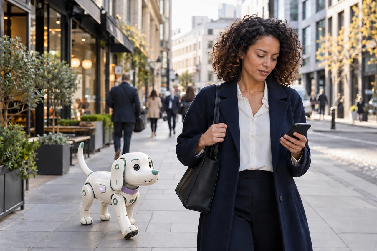 A woman walks through a city business district with the Geophii robot dog beside her, in an illustrative scene.
