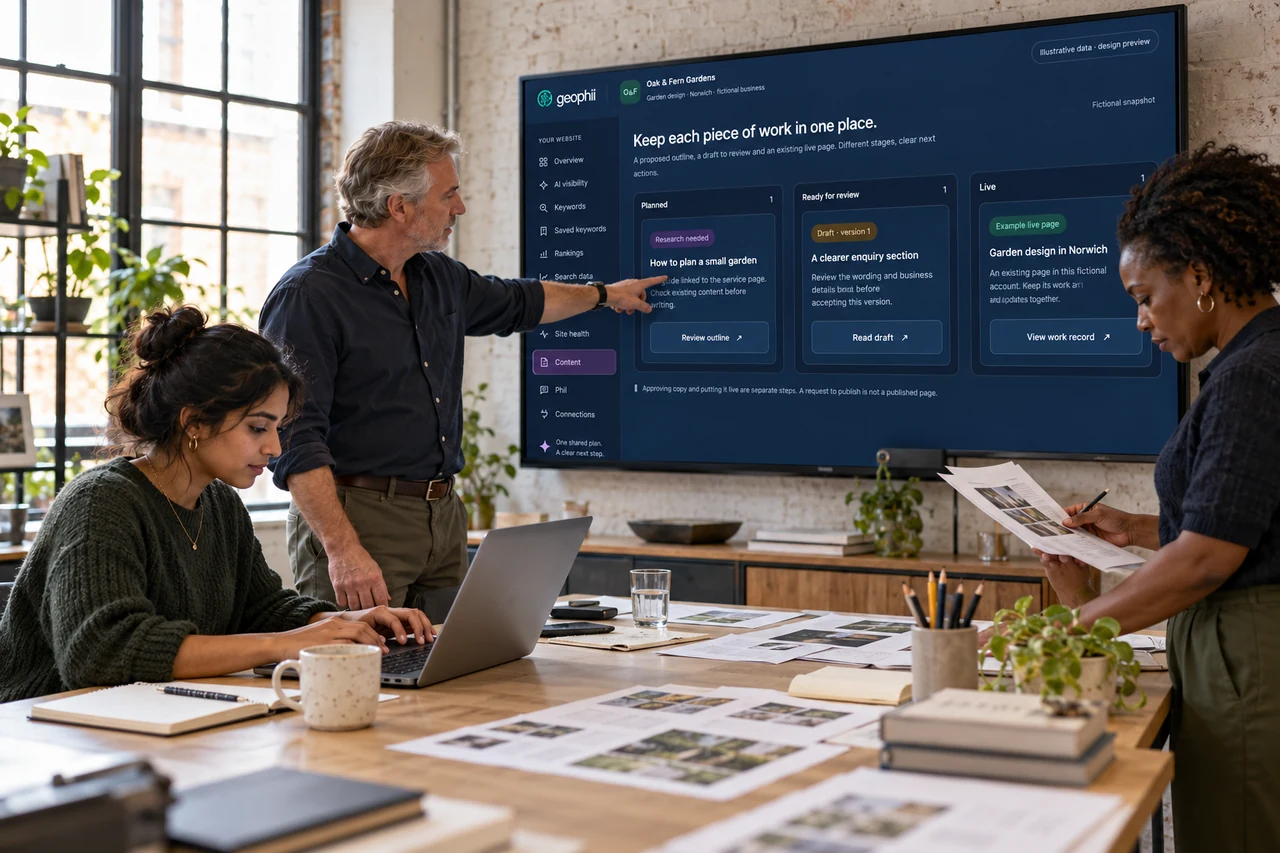 Illustrative editorial team working together with the Geophii content workspace.