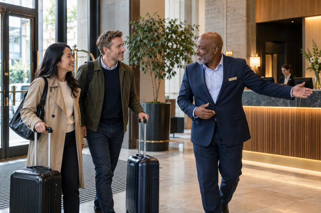 A hotel manager welcoming arriving guests in an illustrative hospitality business.