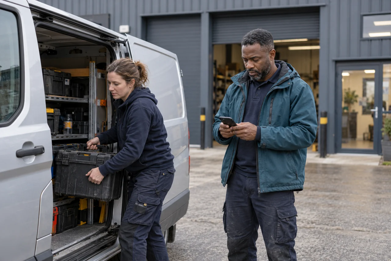 Electrician working at a building beside a service van