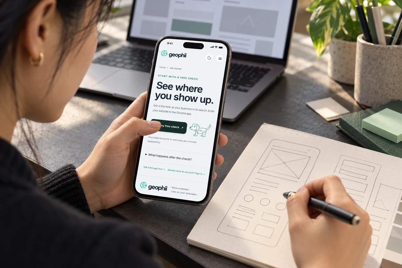 A designer reviewing a mobile page in an illustrative usability scene.