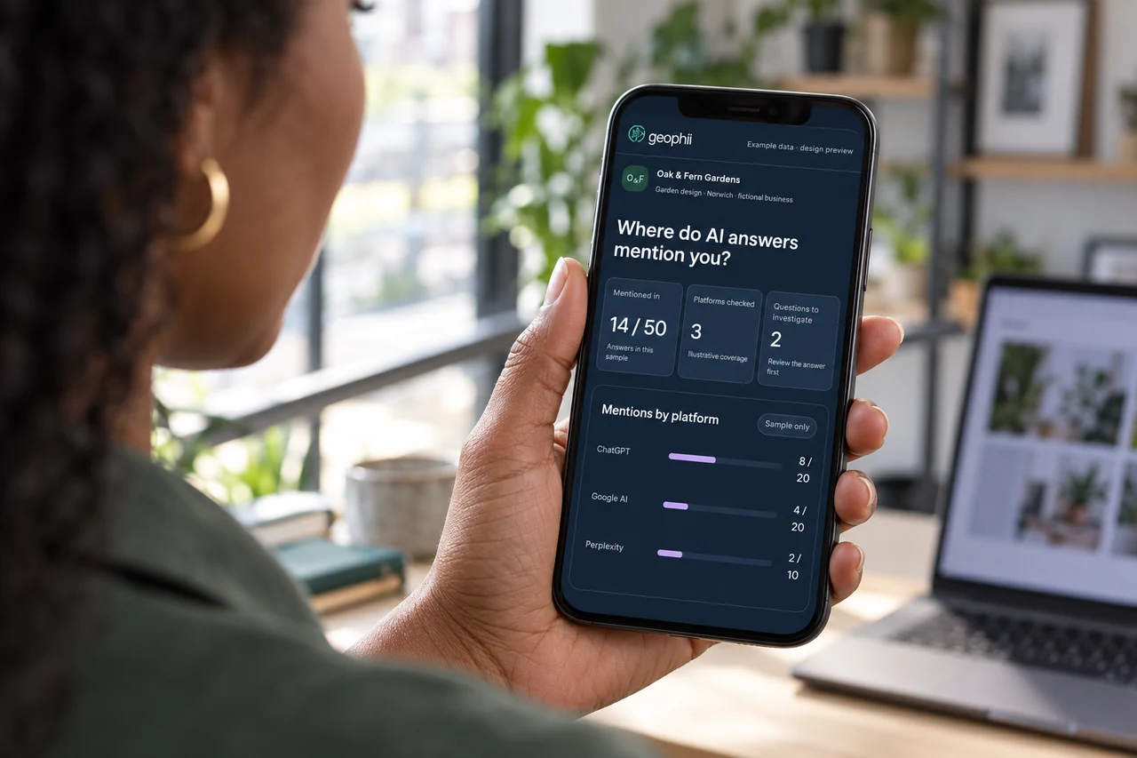 A business owner viewing the illustrative Geophii AI visibility report on a phone.