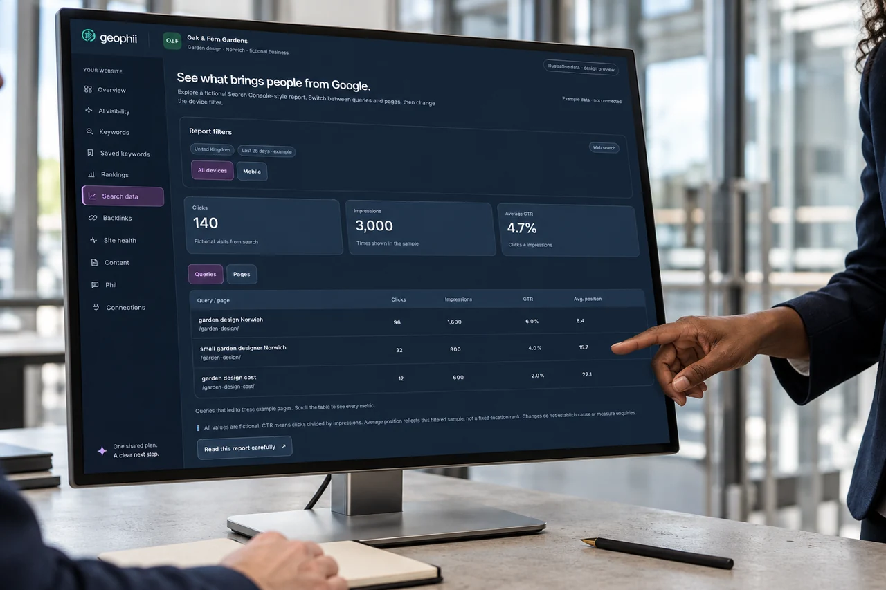 A Geophii search report reviewed on a physical screen in an illustrative business setting.